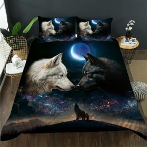 ailonen wolf couples duvet cover set full size, evening snowfield moon wolf bedding set,milky way comforter cover 3 pieces,howling wild wolf duvet cover,1 quilt cover and 2 pillowcases,soft