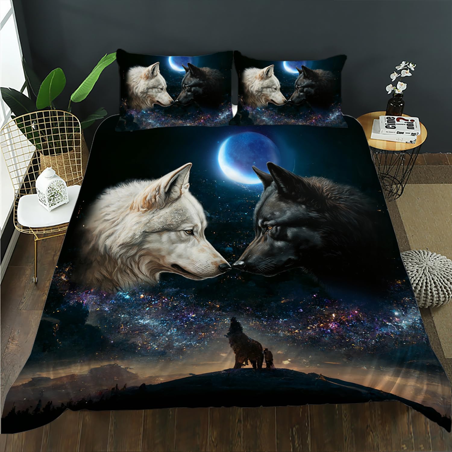 AILONEN Wolf Couples Duvet Cover Set Full Size, Evening Snowfield Moon Wolf Bedding Set,Milky Way Comforter Cover 3 Pieces,Howling Wild Wolf Duvet Cover,1 Quilt Cover and 2 Pillowcases,Soft