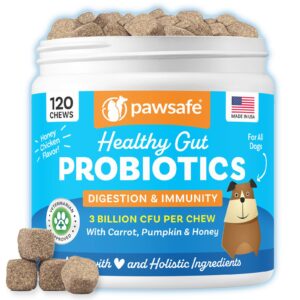 dog probiotics, honey chicken flavor, 120 soft chews for digestive & gut health, immune support supplement, gas relief, anti-diarrhea, helps with allergies, upset stomachs, yeast and itchy skin