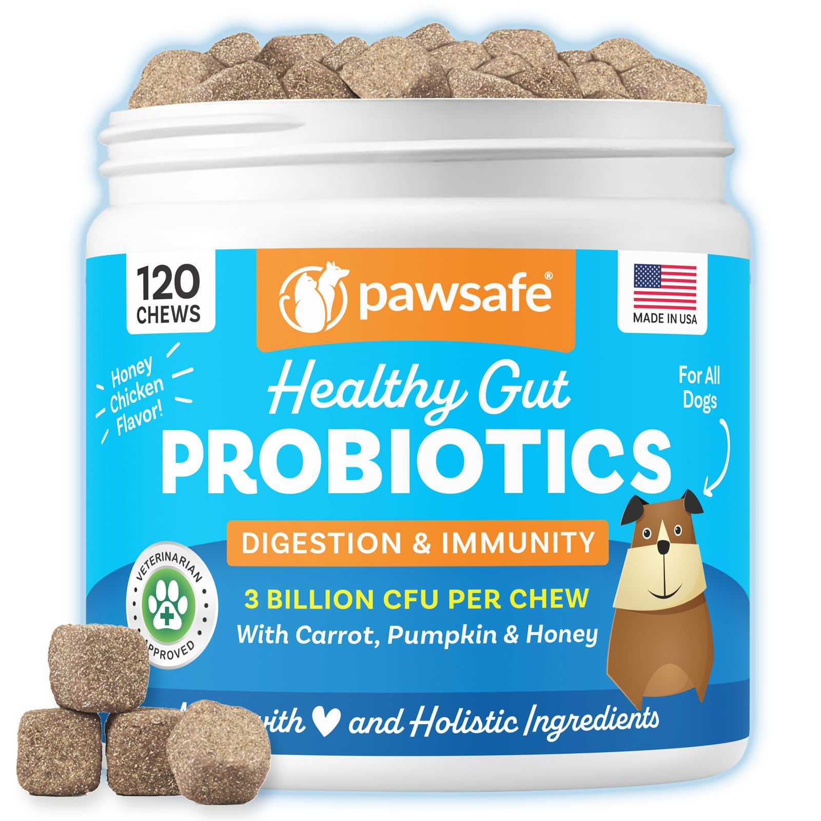 Dog Probiotics, Honey Chicken Flavor, 120 Soft Chews for Digestive & Gut Health, Immune Support Supplement, Gas Relief, Anti-Diarrhea, Helps with Allergies, Upset Stomachs, Yeast and Itchy Skin