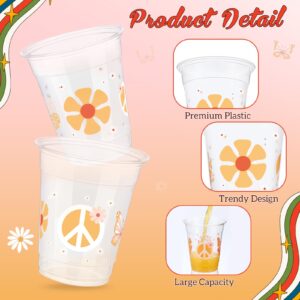 Sliner 50 Pcs Groovy Party Plastic Cups with Straws 12 oz Boho Retro Hippie Disposable Clear Cups Daisy Flower Cold Beverage Drinking Cups for Birthday Wedding Baby Shower Party Decoration Supplies