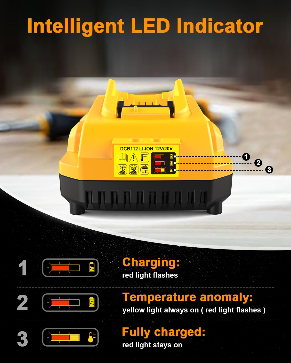 DCB112 Charger Replacement for Dewalt Battery Charger Compatible with Dewalt 12V 20V Max Lithium Battery DCB201 DCB204 DCB205 DCB206 DCB120 DCB127 DCB112 DCB115 DCB118 DCB107 DCB105 DCB102(Yellow)