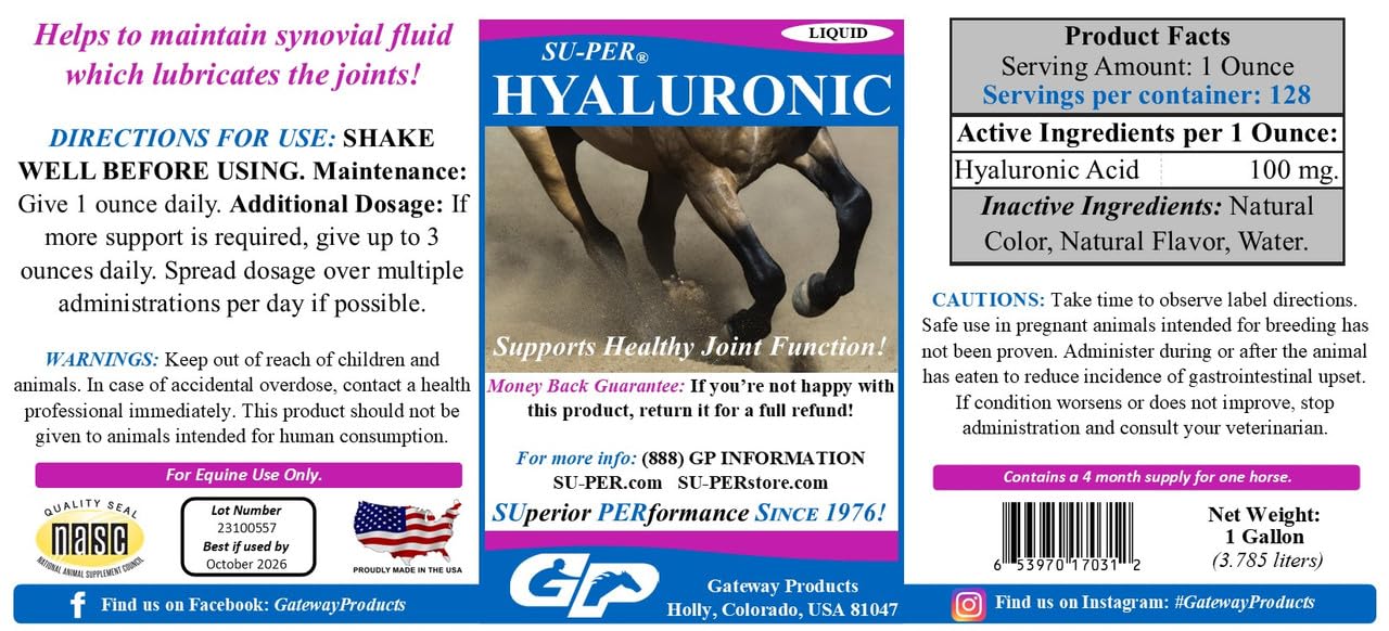 SU-PER Hyaluronic Joint Supplement for Horses - Supports Joints Health & Lubrication - Horse Hyaluronic Acid Liquid - 1 Gallon, 4 Month Supply