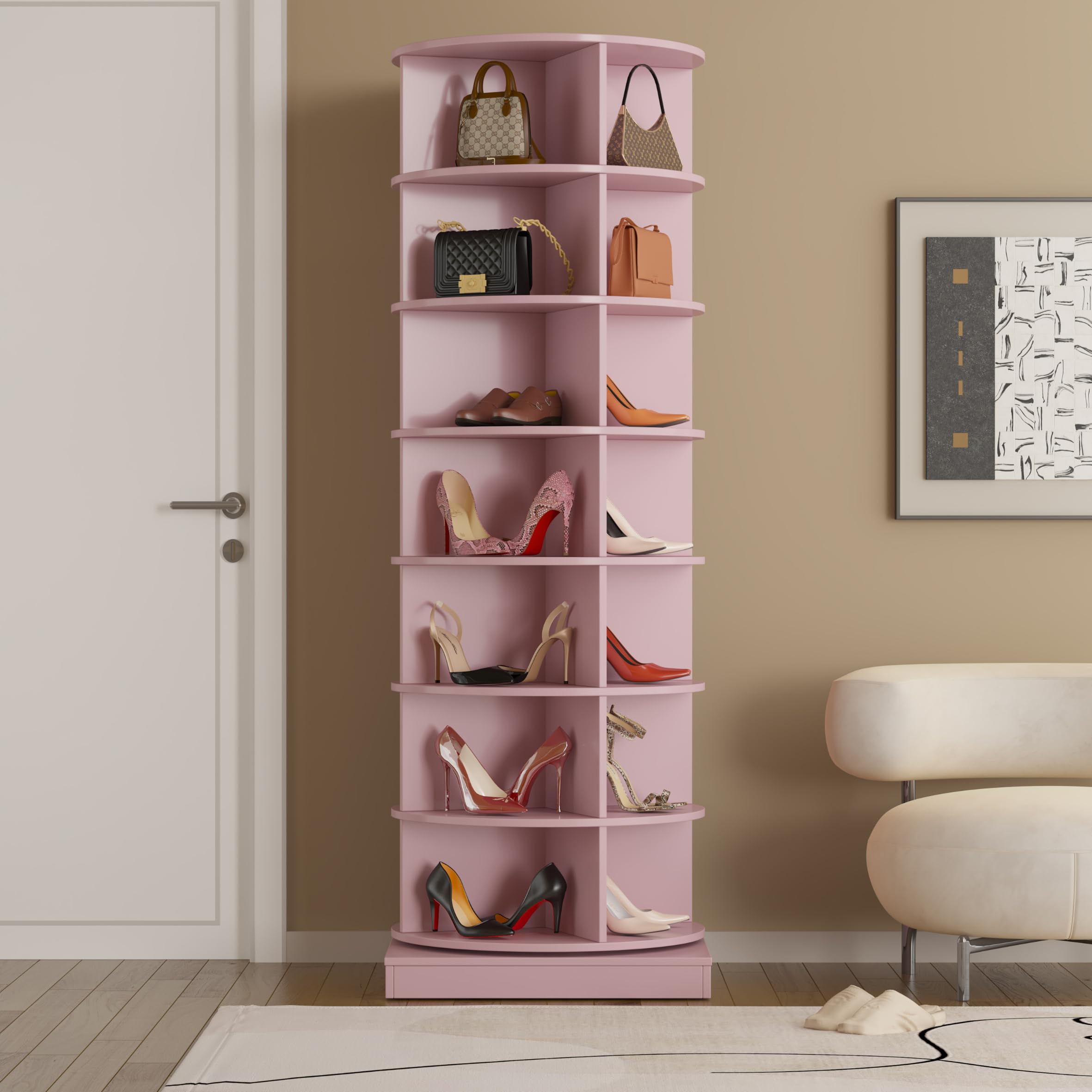 Dithoko Rotating Shoe Rack, 7-Tiers Storage Shoe Rack Tower, Free Standing 360°Shoe Storage Organizer Shoe Rack for Entryway Living Room Hallway (Pink, 7-Tiers)