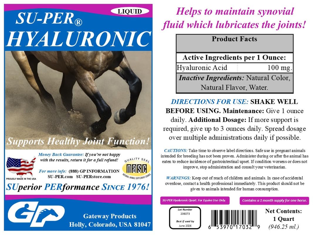 SU-PER Hyaluronic Joint Supplement for Horses - Supports Joints Health & Lubrication - Horse Hyaluronic Acid Liquid - 1 Quart, (2 Pack)