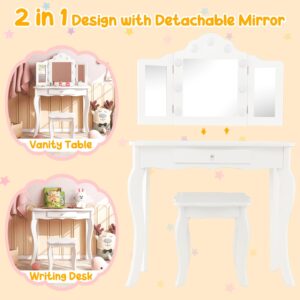 Costzon Kids Vanity, Girls Vanity Set with Mirror and Stool and Lights, Drawer, 2 in 1 Wooden Princess Makeup Desk Dressing Table, Toddler Vanity, Pretend Play Kids Vanity Table and Chair Set (White)