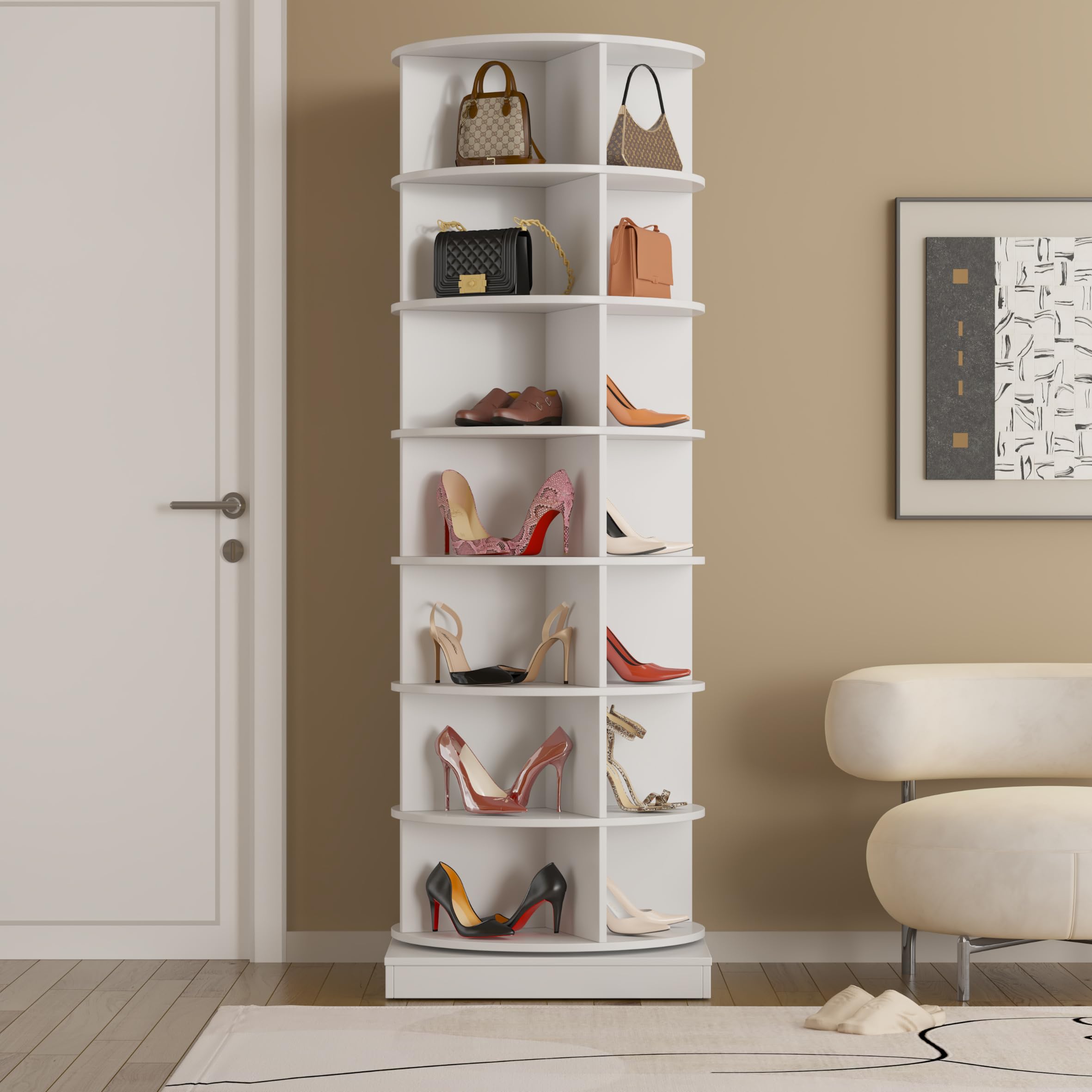 Dithoko Rotating Shoe Rack, 7-Tiers Storage Shoe Rack Tower, Free Standing 360°Shoe Storage Organizer Shoe Rack for Entryway Living Room Hallway (White, 7-Tiers)