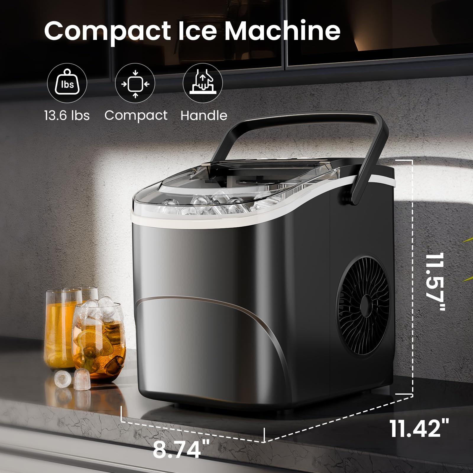 AGLUCKY Ice Makers Countertop with Handle,26.5Lbs/24H,9 Cubes in 6 Mins,2 Sizes of Bullet Ice,Portable Ice Maker Machine with Self-Cleaning,Perfect for Home Kitchen(Black)