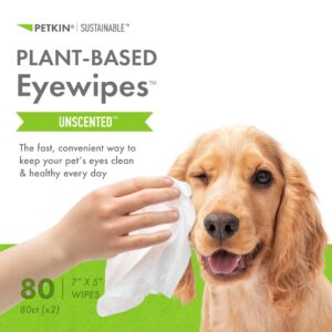 Petkin Plant-Based EyeWipes, 80 Wipes, 2 Pack - Biobased & Sustainable Pet Eye Wipes for Dogs & Cats - Cleans Eye Area, Dirt & Tear Stains - Consciously Cleans & Conditions - Easy to Use - Unscented