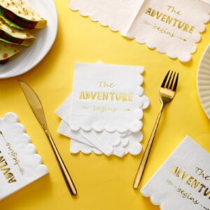 Sayglossy 100 Pcs Baby Shower Napkins the Adventure Begins White Scalloped Gold Foil Paper Napkins for Baby Shower Decorations Disposable Cocktail Napkins for Wedding Graduation Party, 5 x 5 In