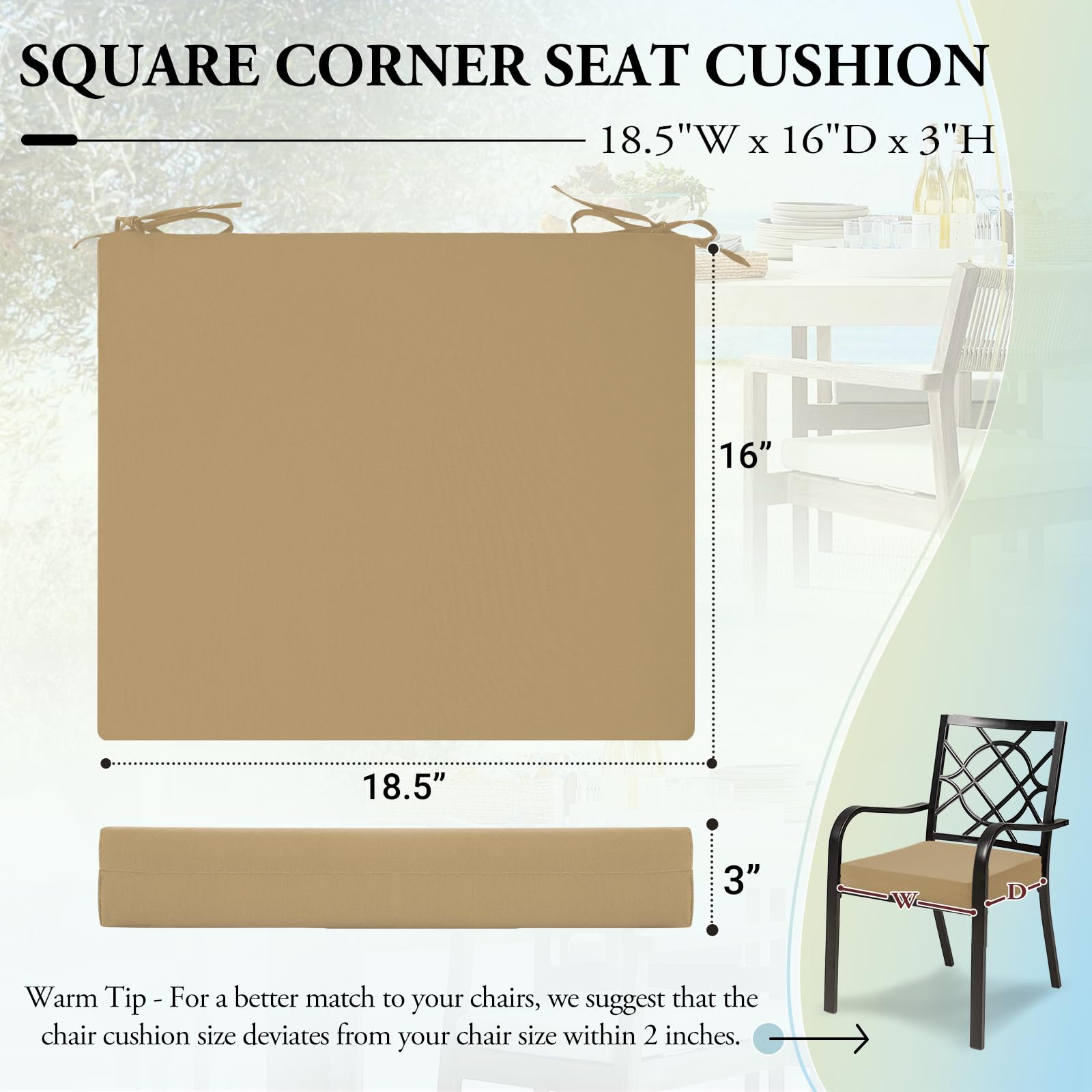 Wellsin Outdoor Chair Cushions for Patio Furniture - Outdoor Cushions for Chairs - Waterproof Patio Chair Cushions Set of 4, 18.5"X16"X3", Khaki