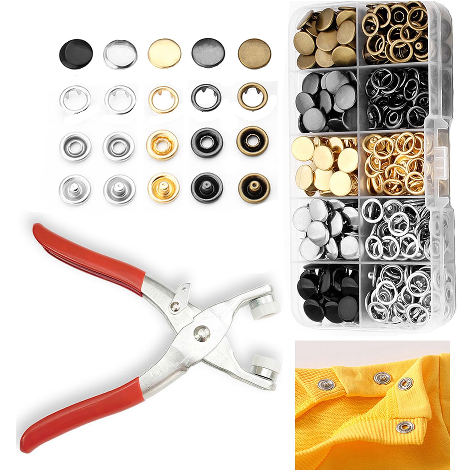 GTAAOY 100 Sets Metal Snaps Buttons with Fastener Pliers Press Tool Kit Perfect for DIY Crafts Clothes Hats and Sewing, Snap Button Fasteners Kit for Clothing Sewing (9.5mm / 400 PCS)