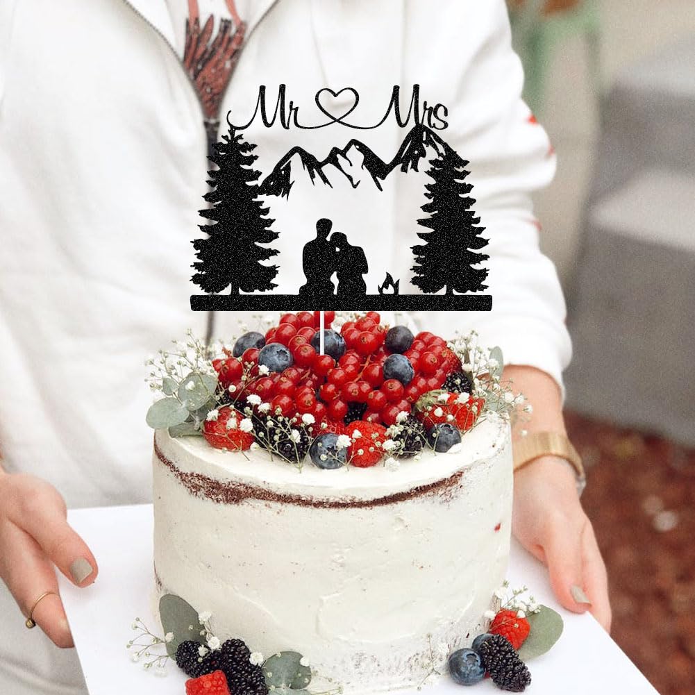 Mountain Wedding Cake Topper, Outdoors Romantic Wedding Cake Toppers, Hiking Mr & Mrs/Bride and Groom Cake Decor, Forest Theme Wedding Party Decorations Black Glitter