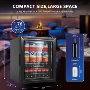 Kazigak Beverage Refrigerator and Cooler 1.76 Cu Ft with Glass Door, Adjustable Temperature Control for Soda, Beer, and Wine Mini Fridge for Home, Office, Dorm and More Black