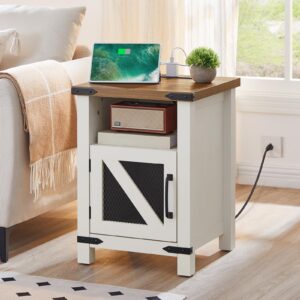 HOOBRO Farmhouse Nightstand with Charging Station, 18“ End Table with Barn Door Storage Space, Wooden Side Table with Outlets and USB Ports, Night Stand for Bedroom, Office, Antique White WH175UBZ01