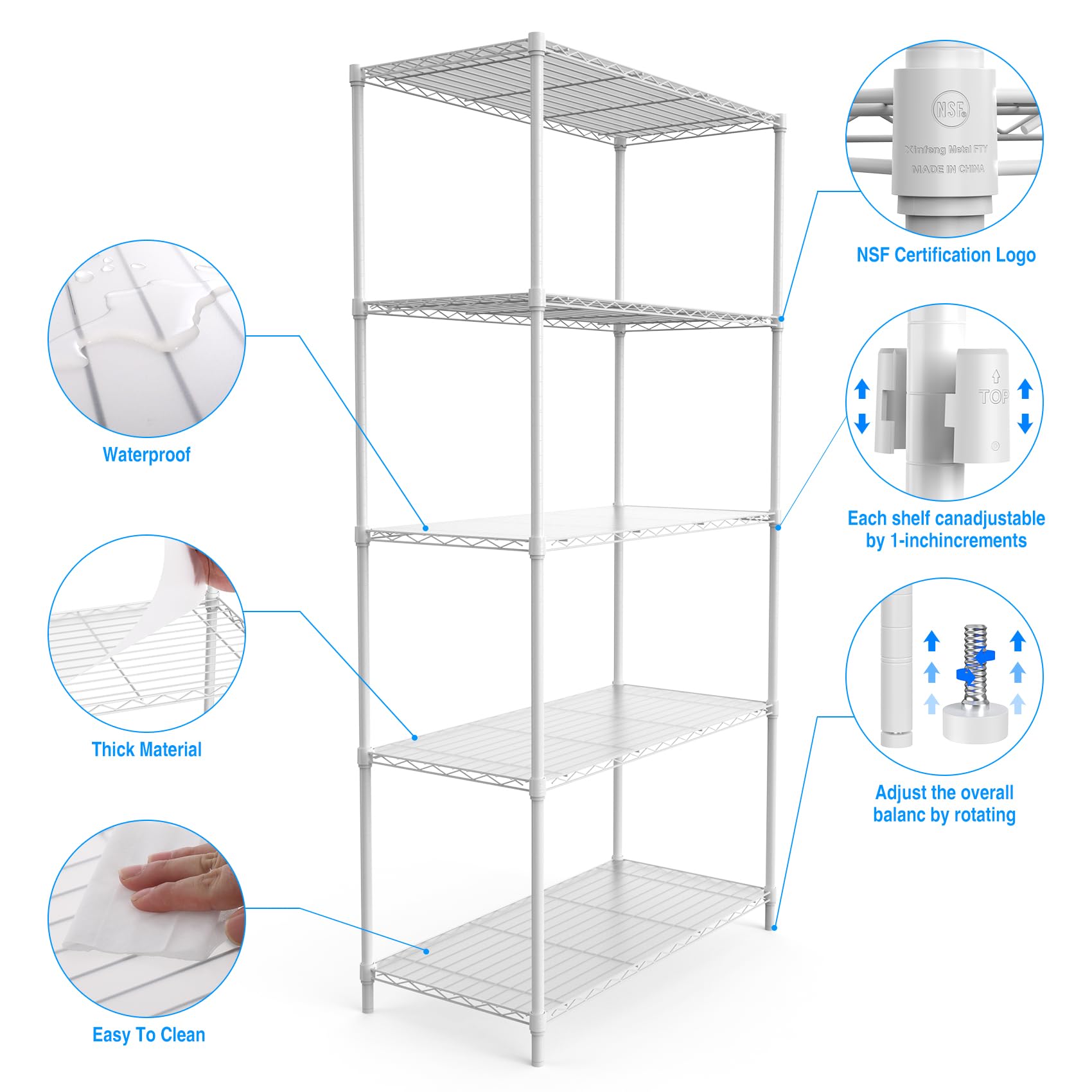 5 Tier NSF Metal Shelf Wire Shelving Unit, 1750lbs Capacity Heavy Duty Adjustable Storage Rack with Shelf Liners for Closet Kitchen Garage Basement Commercial Shelving, 72" H x 36" L x 16" D - White