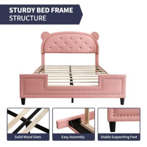 PUREMIND Twin Bed Frame for Kid, Girl Pink Children Platform Bed, Kid Bed Frame with Bear Shaped Headboard, Faux Leather Upholstered, Rivet Decoration, Wood Slats, No Box Spring Needed-Bear Twin