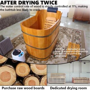 MegLob Free-Standing Wooden Bathtub Kit, Solid Wood Alone Stand Bathtub with Pop-Up Drain, Traditional Japanese SPA Deep Soaking Bath, with Insulated Wooden Lid & Tub Chair,Oak 110cm/43.31"