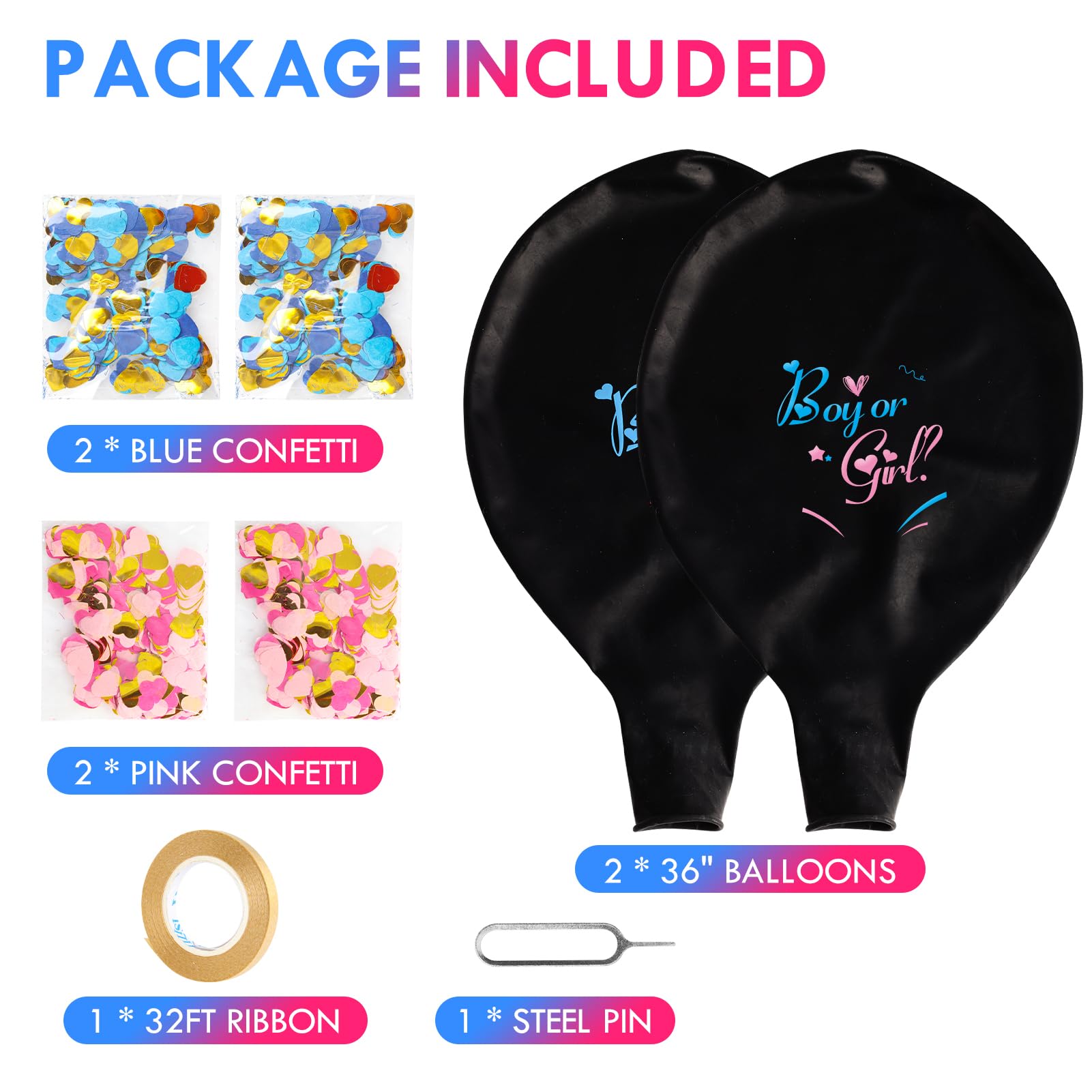 Jumbo 36 Inch Gender Reveal Balloons - 2pcs Big Black Gender Reveal Confetti Balloons with Pink and Blue Heart Shape Confetti for Boy or Girl Baby Shower Gender Reveal ideas Decoration