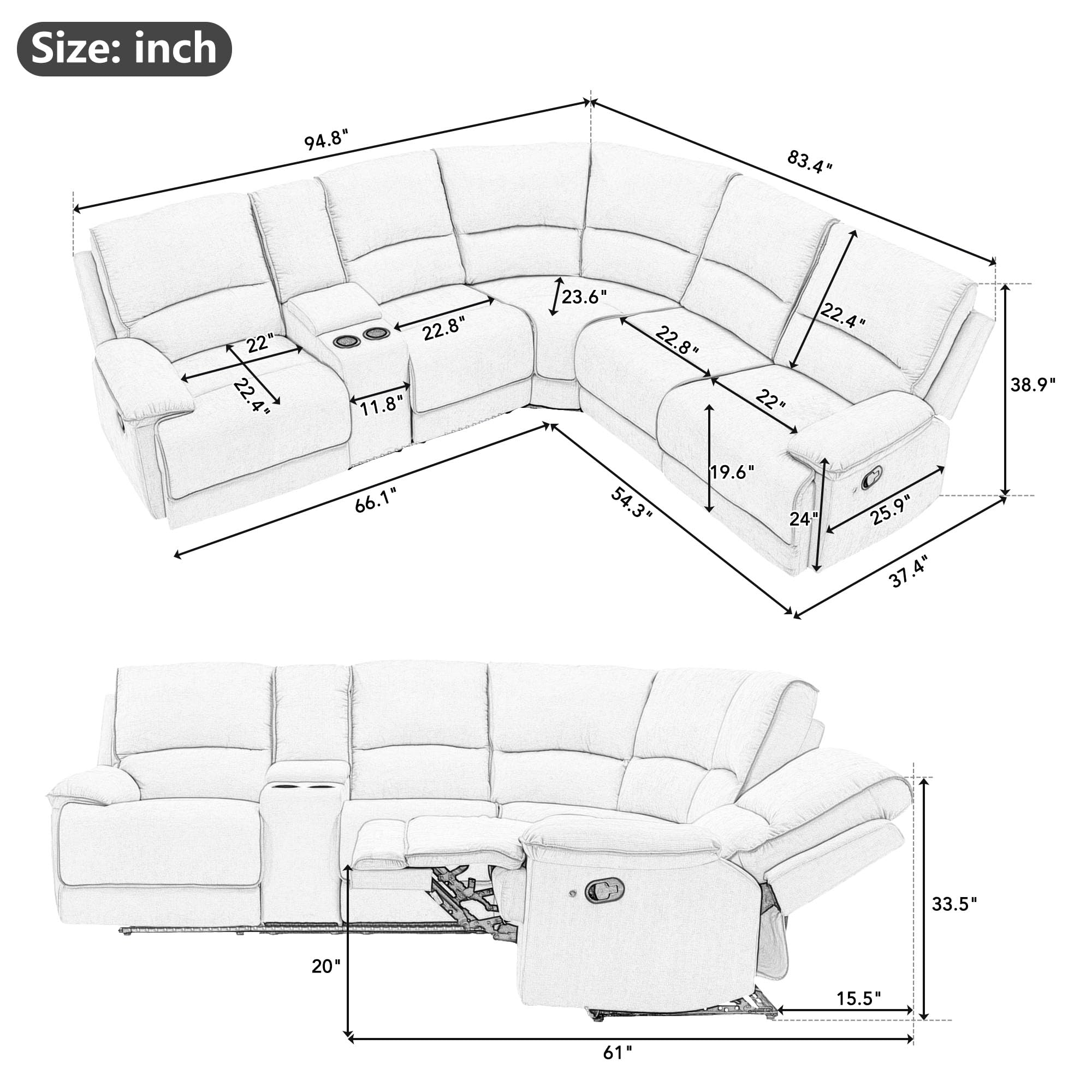 P PURLOVE Reclining Sofa for Living Room, Modern Manual Reclining Furniture Set with USB Ports, Hidden Storage, LED Light Strip and 2 Cup Holders, L-Shaped Velvet Couch for Apartment, Bedroom (Cream)