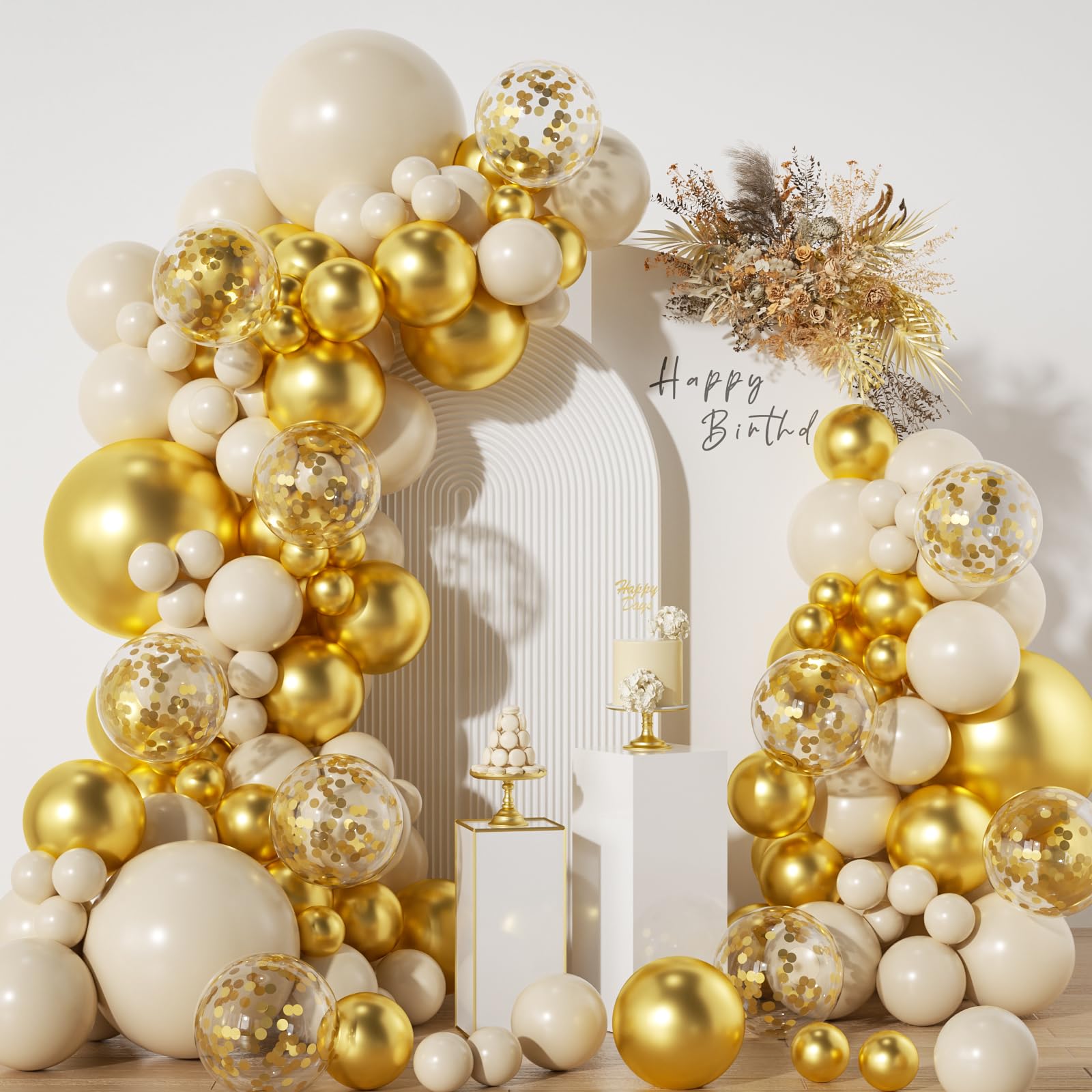 134pcs White Sand and Gold Balloons Arch Garland Kit, 18/12/10/5inch White Gold Balloons for Baby&Bridal Shower, Birthday Party, Wedding, Grad, Anniversary Party