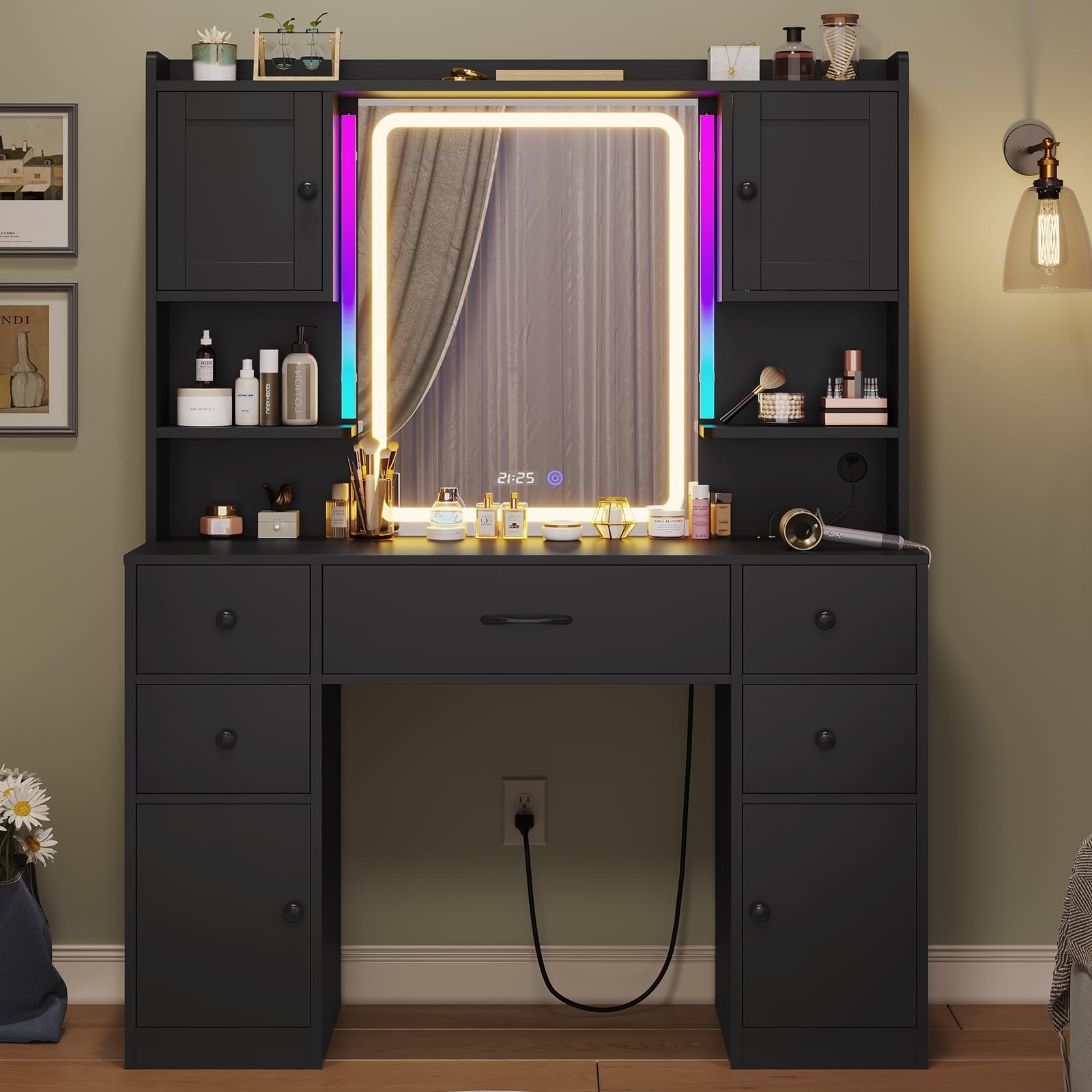 Tiptiper Large Makeup Vanity Desk with Mirror and Lights, Vanity Table with Charging Station & Time Display & Ambient Light, Makeup Table with Drawers & Storage Cabinets, Black