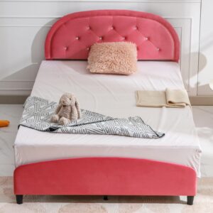 PUREMIND Twin Bed Frame for Kids, Kids Bed with Crystal Tufted Headboard, Princess Bed for Childs, Pink Dutch Velvet, Non-Slip Legs, Solid Wood Slats, Easy Assembly-Crystal Twin