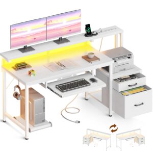 aodk 55" computer desk with fabric file cabinet and drawer, reversible office desk with power outlet and led light, study desk with printer stand, keyboard tray, full monitor riser and pc stand, white