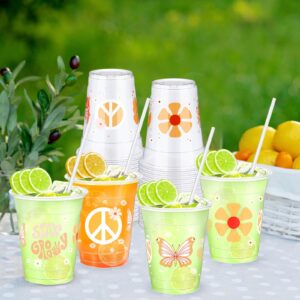 Sliner 50 Pcs Groovy Party Plastic Cups with Straws 12 oz Boho Retro Hippie Disposable Clear Cups Daisy Flower Cold Beverage Drinking Cups for Birthday Wedding Baby Shower Party Decoration Supplies