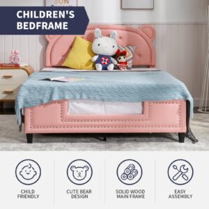 PUREMIND Twin Bed Frame for Kid, Girl Pink Children Platform Bed, Kid Bed Frame with Bear Shaped Headboard, Faux Leather Upholstered, Rivet Decoration, Wood Slats, No Box Spring Needed-Bear Twin