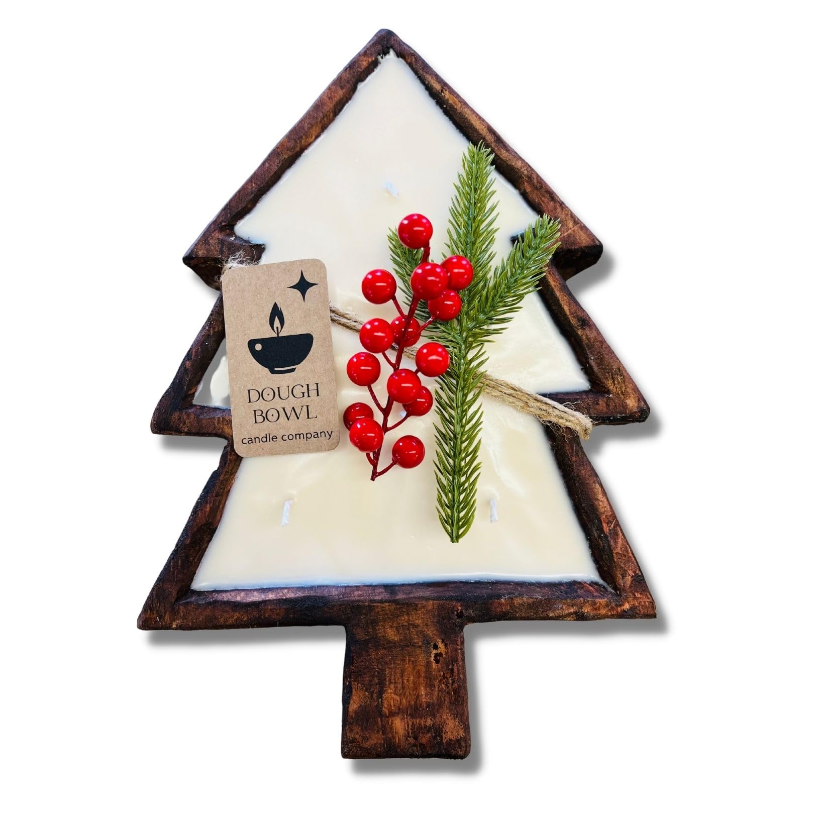 Dough Bowl Candle Co. Christmas Tree Candle -14x10x1.5 Inch Brown Wooden Bowl Candle in Christmas Tree Shape, Soy Wax Scented Candles in Pine., Beautiful Holiday Farmhouse Decor, Dough Bowls for Décor