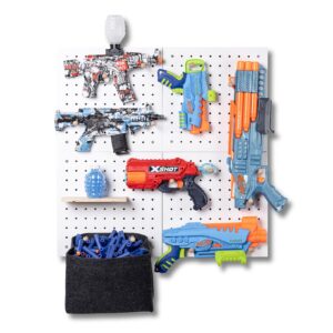 inevibe nerf display wall organizer - wooden pegboard storage holder for mounting nerf guns & gel blasters, 4 piece rack w/bag for darts