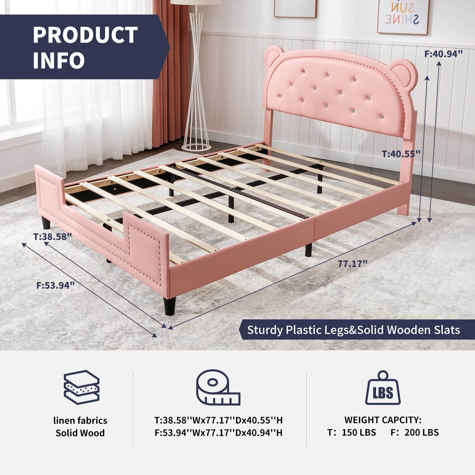 PUREMIND Twin Bed Frame for Kid, Girl Pink Children Platform Bed, Kid Bed Frame with Bear Shaped Headboard, Faux Leather Upholstered, Rivet Decoration, Wood Slats, No Box Spring Needed-Bear Twin