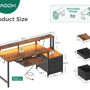 AODK 55" Computer Desk with Fabric File Cabinet and Drawer, Reversible Office Desk with Power Outlet and LED Light, Study Desk with Printer Stand, Keyboard Tray, Monitor Riser and PC Stand, Vintage