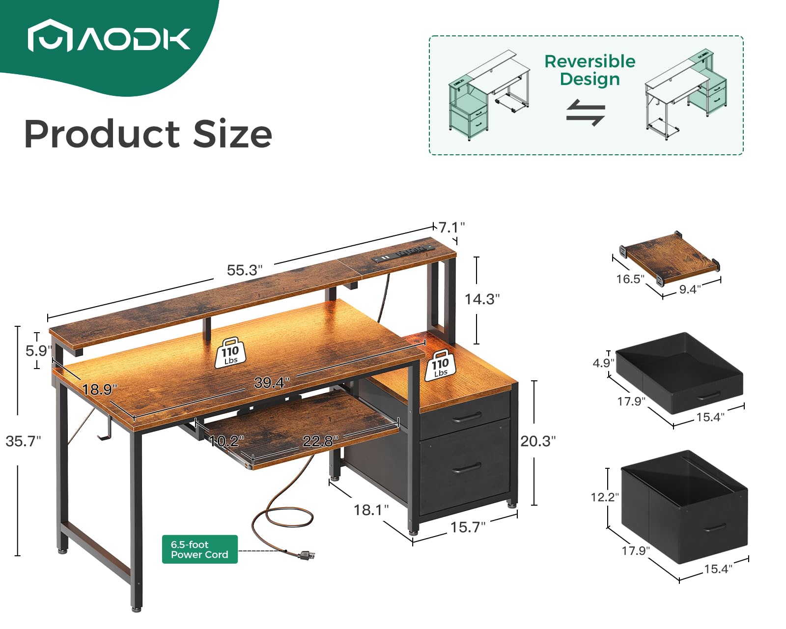 AODK 55" Computer Desk with Fabric File Cabinet and Drawer, Reversible Office Desk with Power Outlet and LED Light, Study Desk with Printer Stand, Keyboard Tray, Monitor Riser and PC Stand, Vintage