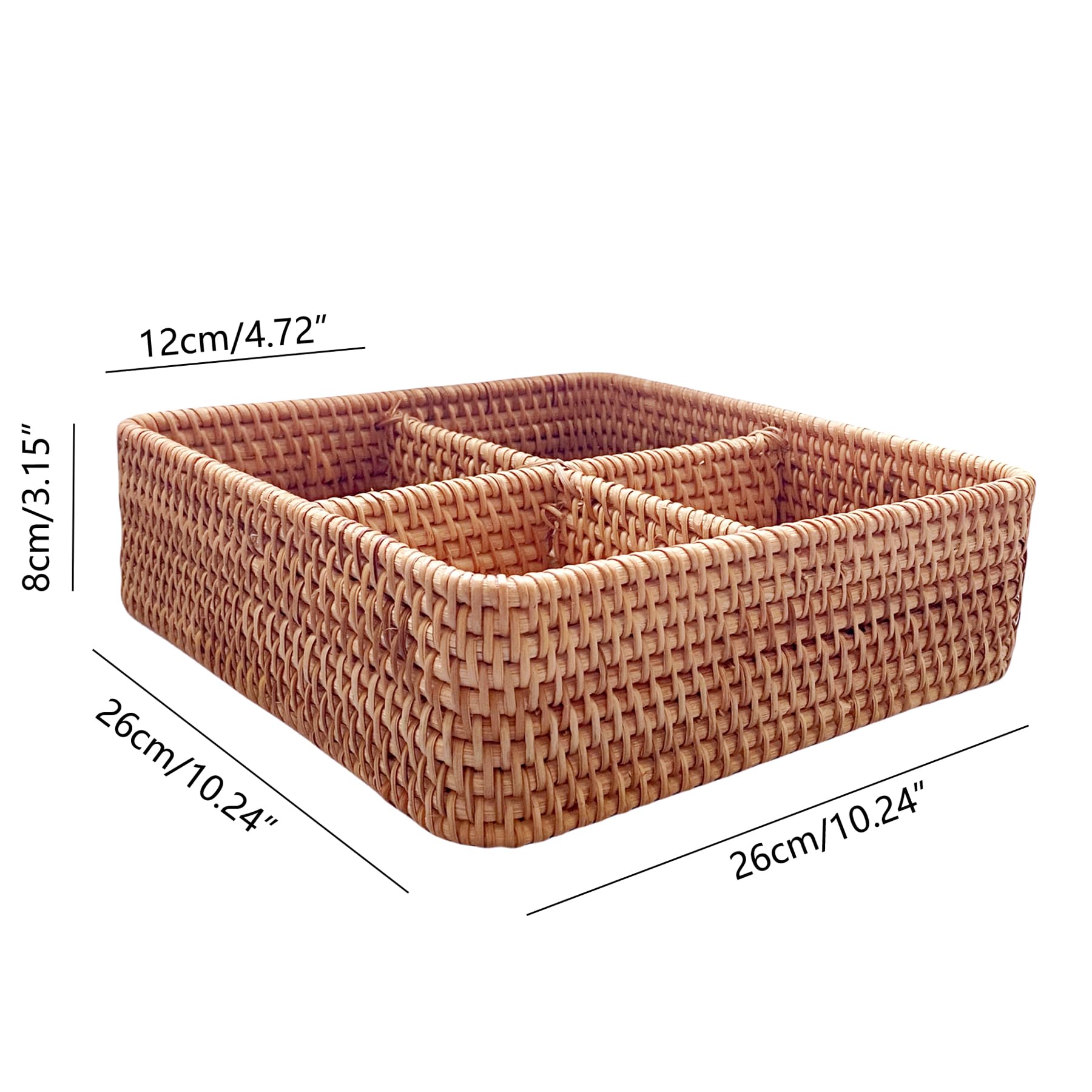 i-lan 4-compartment Squre Woven Natural Wicker Storage Basket Box without Lid, 4 Divided Rattan Basket Organizer for Countertops,Shelf,Snacks,Candy,Nuts and Other Accessories.