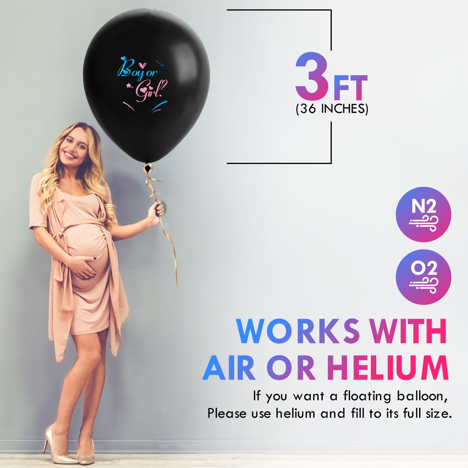 Jumbo 36 Inch Gender Reveal Balloons - 2pcs Big Black Gender Reveal Confetti Balloons with Pink and Blue Heart Shape Confetti for Boy or Girl Baby Shower Gender Reveal ideas Decoration