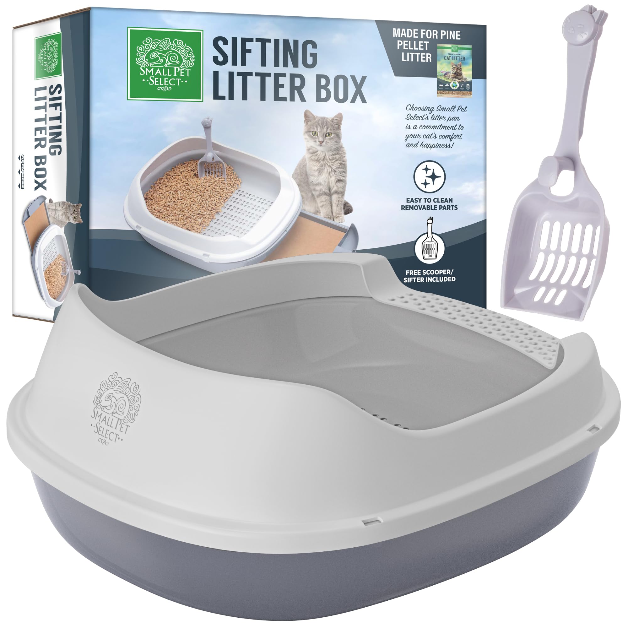 Small Pet Select - Pine Pellet Cat Litter Box, with 5 Pee Pads and Litter Scoop, Premium System for Cats and Other Small Animals, Tidy and Easy to Clean with Drawer, Scoop, and Removable Tray