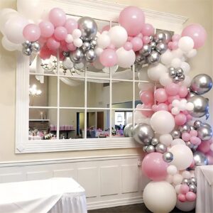 Felice Arts Birthday Baby Shower Balloon Arch Pink and White Different Size Balloons Garland Kit Latex Balloons Silver Chrome Balloons for Wedding Bridal Baby Shower Party Decoration