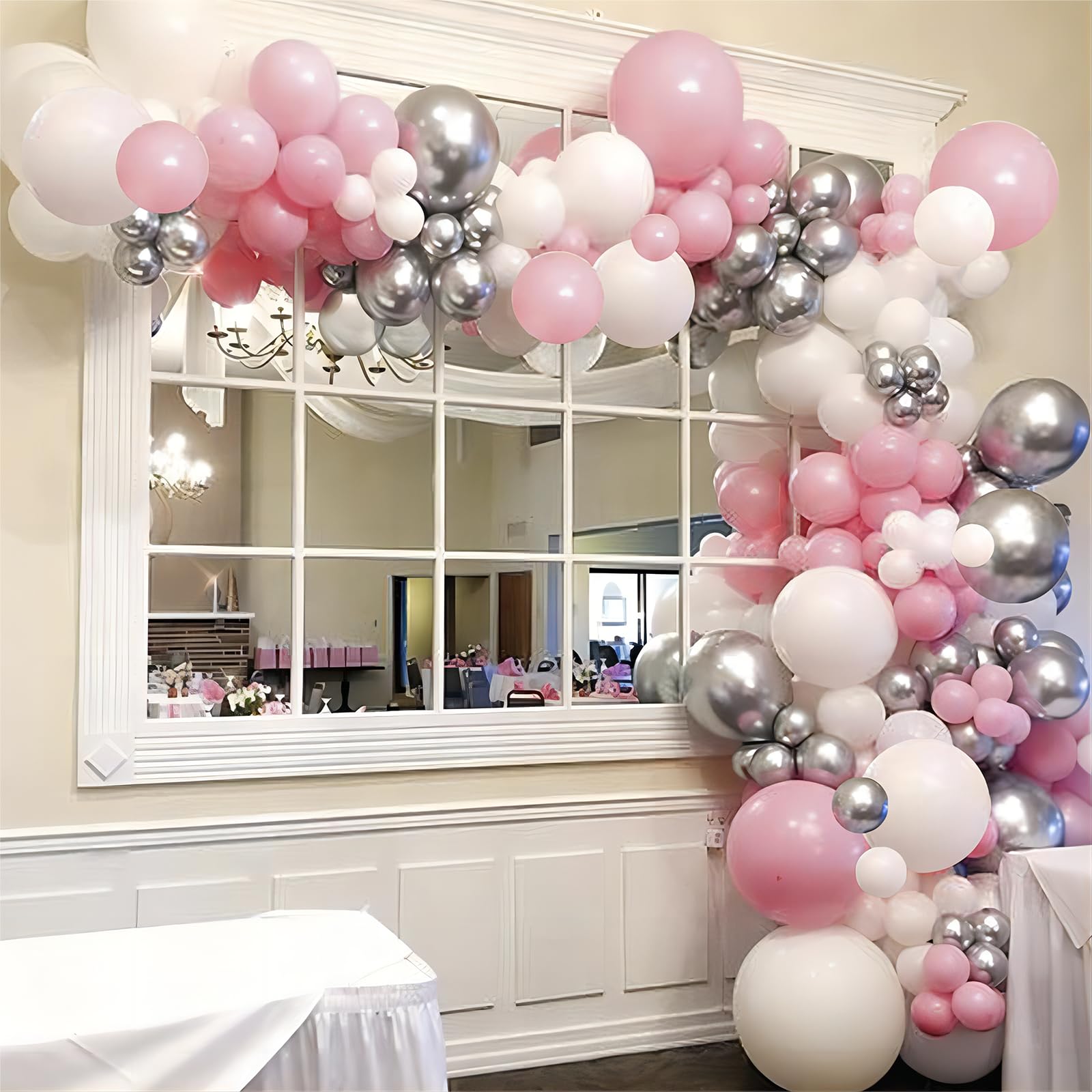 Felice Arts Birthday Baby Shower Balloon Arch Pink and White Different Size Balloons Garland Kit Latex Balloons Silver Chrome Balloons for Wedding Bridal Baby Shower Party Decoration