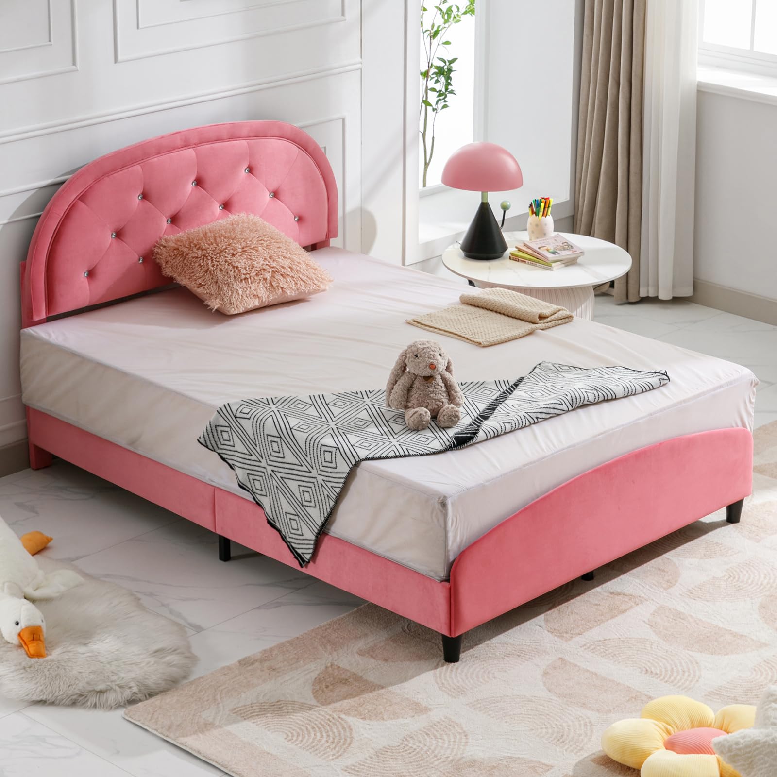 PUREMIND Twin Bed Frame for Kids, Kids Bed with Crystal Tufted Headboard, Princess Bed for Childs, Pink Dutch Velvet, Non-Slip Legs, Solid Wood Slats, Easy Assembly-Crystal Twin