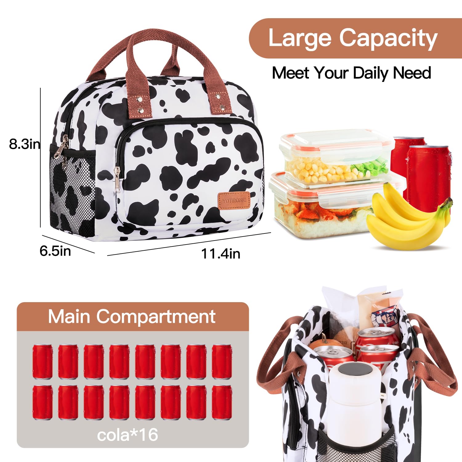 Yotrone Lunch Bag Women, Insulated Lunch Box Lunch Bag for Women Men Adult Work, Cute Lunch Tote Bag Large Capacity Reusable Cooler Lunch Containers for Travel Picnic or Office(Cow)