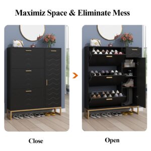 Auromie Shoe Storage Cabinet, Free Standing Shoe Organizer with 3 Flip Drawers,Modern Shoe Rack with Adjustable Side Cabinet,Entryway Narrow Shoe Storage with Door for Hallway Living Room (Black Plus)