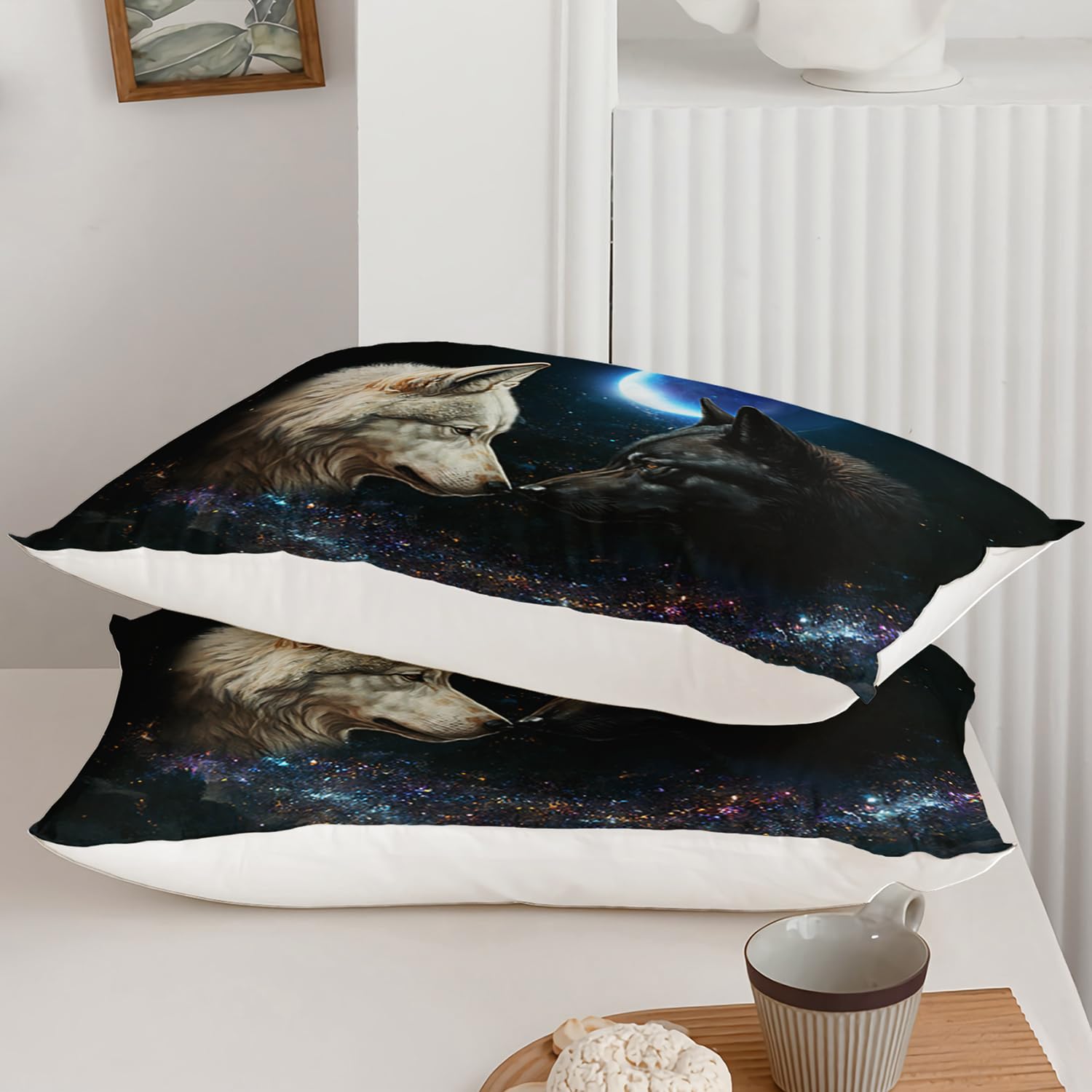 AILONEN Wolf Couples Duvet Cover Set Full Size, Evening Snowfield Moon Wolf Bedding Set,Milky Way Comforter Cover 3 Pieces,Howling Wild Wolf Duvet Cover,1 Quilt Cover and 2 Pillowcases,Soft