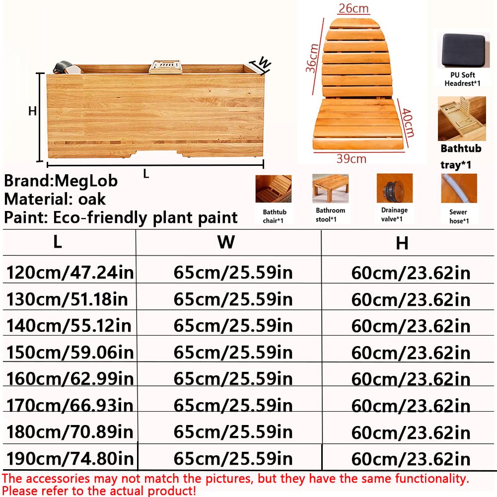 MegLob Wooden Free Standing Bathtub Kit, Rectangle Solid Wood Bathtub with Chair & Bath Tray, Traditional Japanese Wooden Soaking Tub Kit, Spa/Beauty Salon Deep Soaker,170cm/66.93in