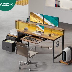 AODK 63-Inch Computer Desk with Power Outlet & LED Light, Reversible Office Desk with File Cabinet and Drawer, Gaming Desk with Keyboard Tray, Study Table with Full Monitor Riser and PC Stand, Vintage