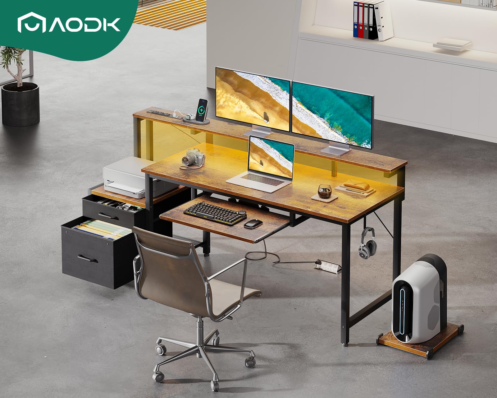 AODK 63-Inch Computer Desk with Power Outlet & LED Light, Reversible Office Desk with File Cabinet and Drawer, Gaming Desk with Keyboard Tray, Study Table with Full Monitor Riser and PC Stand, Vintage