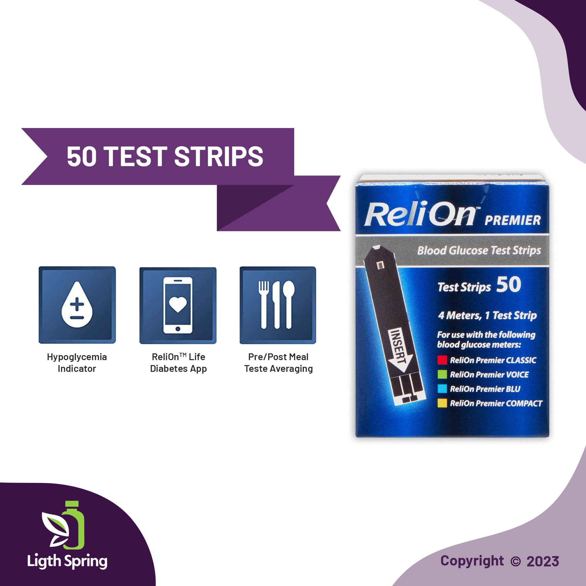 Relion Premier Blood Glucose Test Strips 50ct (3 Pack) Bundle with Exclusive Better Ligth&Spring Guide Living Well with Diabetes - (4 Items)