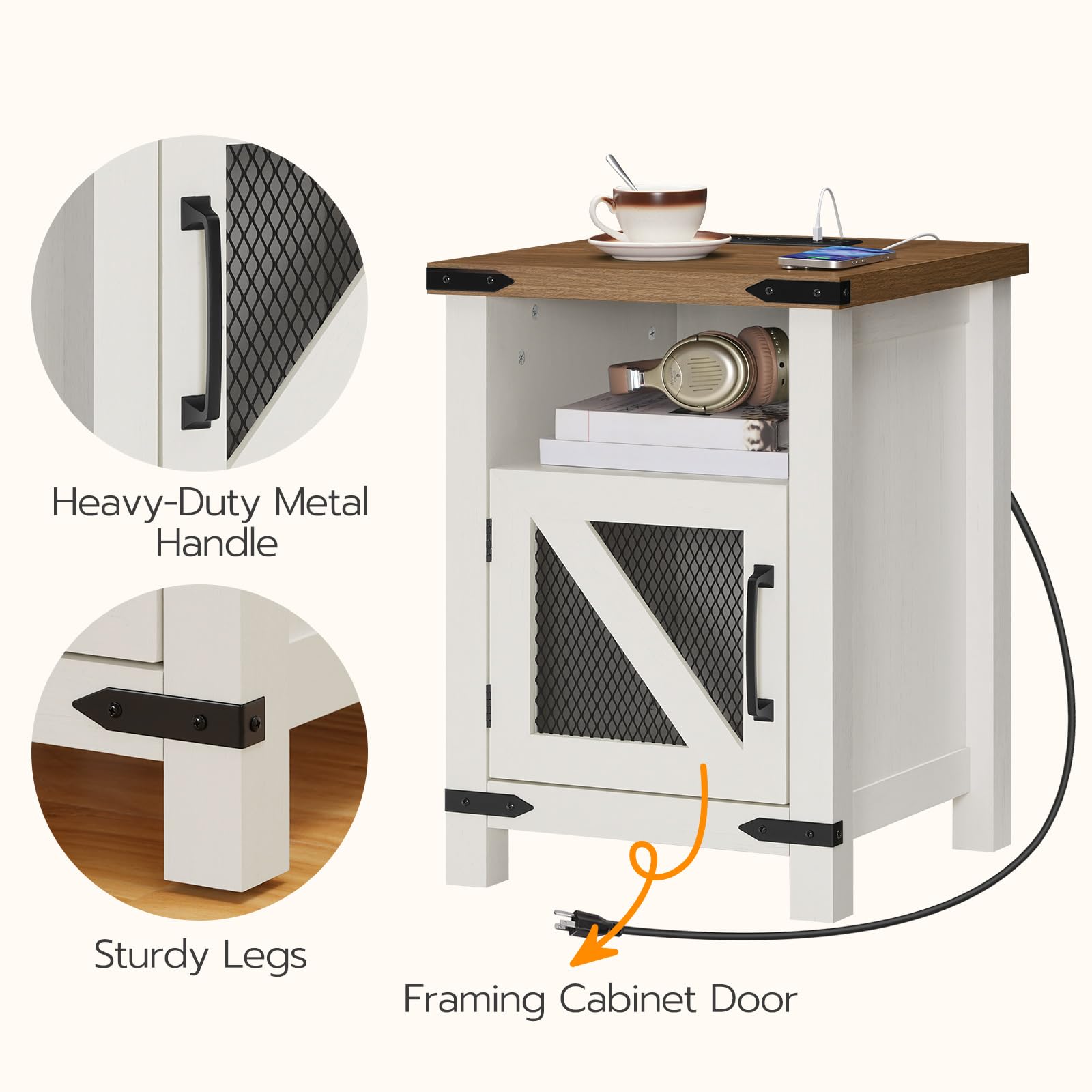 HOOBRO Farmhouse Nightstand with Charging Station, 18“ End Table with Barn Door Storage Space, Wooden Side Table with Outlets and USB Ports, Night Stand for Bedroom, Office, Antique White WH175UBZ01