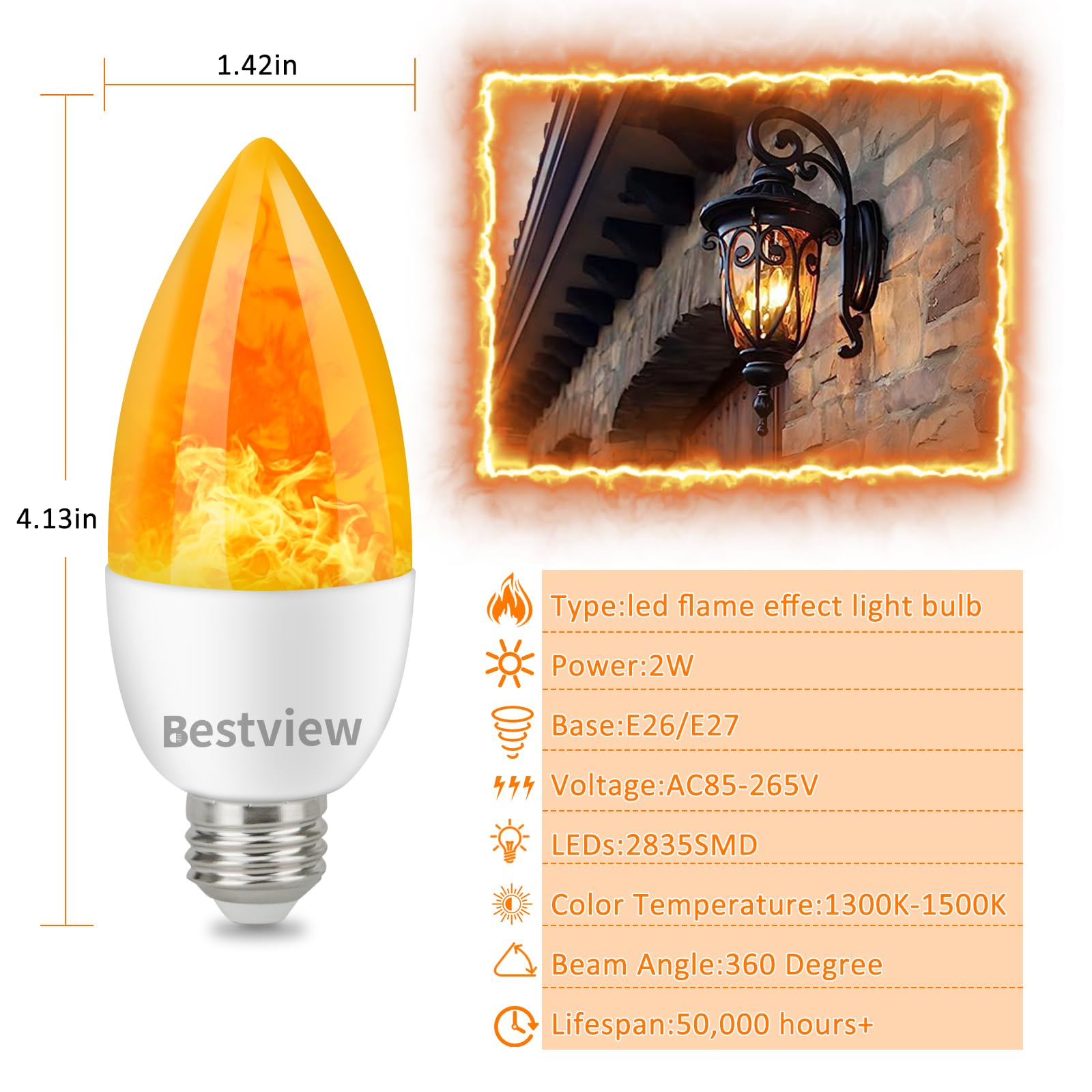 Bestview Flickering Light Bulbs,3 Modes Led Flame Effect Light Bulbs, Smart E26/E27 Chandelier Base Candle Fire Light Bulb for Halloween, Christmas,Party, Porch, Indoor&Outdoor Home Decoration-6 Pack